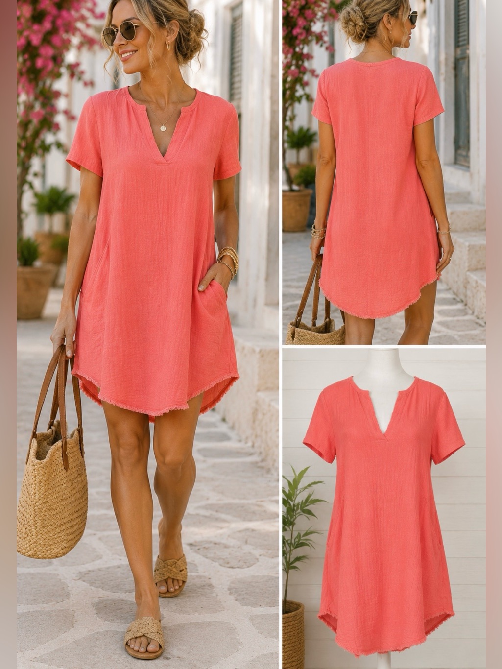 Nwt Xcvi Edlyn Coral Cotton Linen Gauze Curved Raw Hem Pocket Dress Sz S